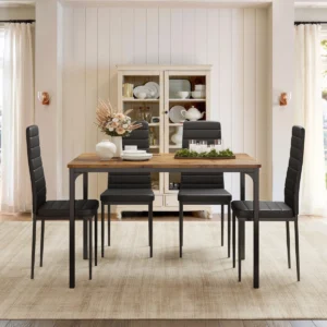 4-Person Solid Wood Dining Table Set with Leather-Trim Chairs and Space-Saving Design