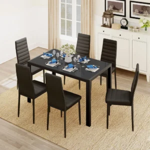 7 - Piece Glass Top Dining Set, Dining Table with 6 Faux Leather Chairs